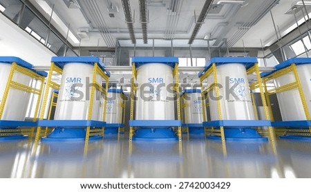 3d rendering group of smr or small modular nuclear reactors power plant in factory