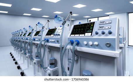 3d rendering group of ventilator machines in hospital