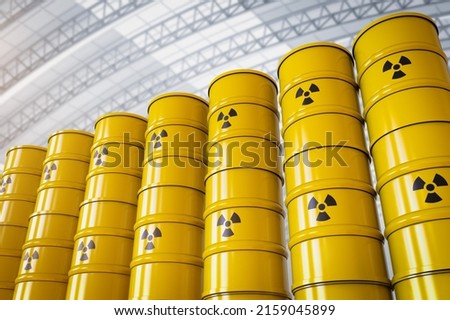 3d rendering group of yellow barrels with radiation hazard sign