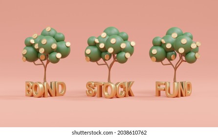 3D Rendering Of Growing Of Money Tree On Word Bond Stock Fund On Background Concept Of Money Portfolio Diversification, Investment, Investment Decision. 3D Render. 3D Illustration.