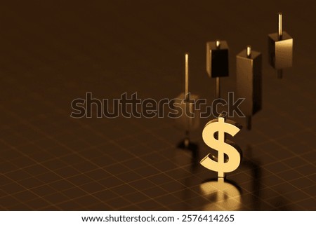 3D rendering growth concept, Dollar sign on black background, intricately integrated into the scene, signifies financial abundance and successful investments.