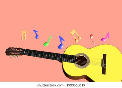 3d Rendering Guitar And Note.backround Pink