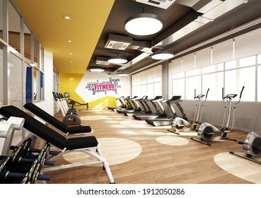 3d Rendering Gym Room Interior Wooden Floor And Fitness