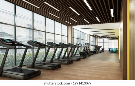 3d Rendering Gym Room Interior Wooden Floor And Fitness 