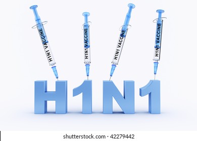 3d rendering of a h1n1 logo with 4 syringes on top with 