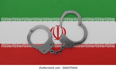 3D rendering of a half opened steel handcuff in center on top of the national flag of Iran