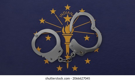 3D Rendering Of A Half Opened Steel Handcuff In Center On Top Of The US State Flag Of Indiana