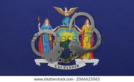 3D rendering of a half opened steel handcuff in center on top of the US state flag of New York