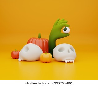 3d Rendering Halloween Holiday Background With Pumpkins, Zombie Hand And Glass Eye