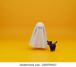 3d Rendering Halloween Illustration. Ghost And Black Cat On Yellow Background. 