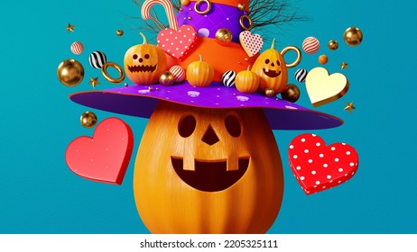 3d Rendering Halloween Pumpkin Background, Hat, Elements Heart, Decoration Ball, Middle Center View, Sky Blue Color On Rough Texture For Party Banner, Card, Mockup, Illustration