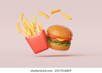 3d rendering hamburger chips and coke