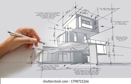 3D rendering of a hand  adding specifications in a modern building project, it is dummy text for design purposes with no translation - Shutterstock ID 1798721266