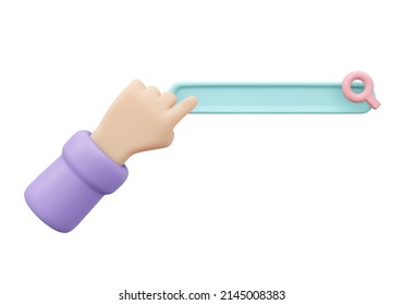 3D Rendering Of Hand Click Search Bar Magnifier Icon Isolated On Background Concept Of Music On Internet. 3D Render Illustration Cartoon Style. 