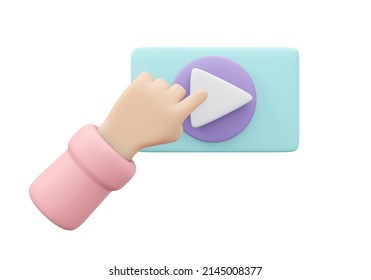 3D Rendering Of Hand Click Start To Play Music Start Player Icon Isolated On Background Concept Of Music On Internet. 3D Render Illustration Cartoon Style. 