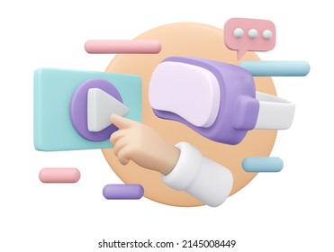 3D Rendering Of Hand Click Start To Play Music Start Player Icon And Vr Headset Isolated On Background Concept Of Music On Internet. 3D Render Illustration Cartoon Style. 