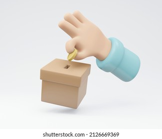3D Rendering of hand giving money coin in a box isolate on white background concept of donation, money jar, savings. 3D Render illustration.