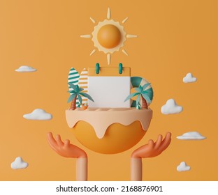 3d rendering hand holding beach with empty calendar, palm trees, swimming tube, surfboards and beach toys. Concept summer illustration.