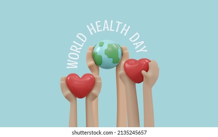 3D Rendering of hand holding earth and heart icon concept of world health day background, banner, card, poster with text inscription. 3D Render illustration cartoon style.