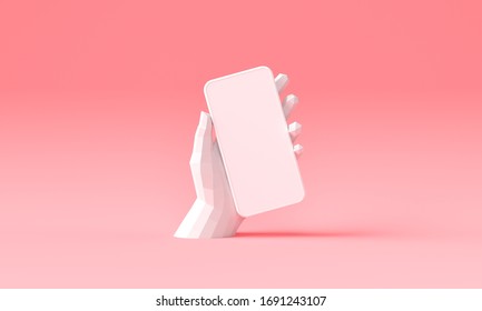 3D Rendering Hand Holding Phone, Trendy And Fashion Background Illustration.