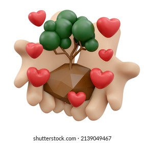 3D Rendering of hand holding tree and heart icon concept of World Environment Day background, banner, card, poster. 3D Render illustration cartoon style.