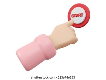 3D Rendering of hand pushing start button isolate on white background. 3D Render illustration cartoon style.