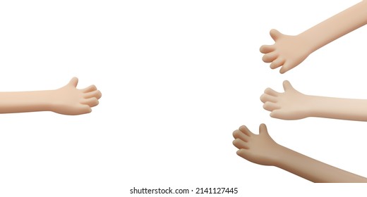 3D Rendering of hand reaching to each other concept of help support unity and teamwork. 3D Render illustration cartoon style.