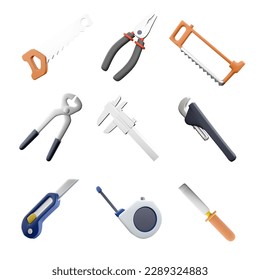 3d rendering hand saw, pliers, hacksaw, construction tongs, calipers, straight pipe wrench, stationery knife, measuring tape, chisel icon set. 3d render construction concept icon set.