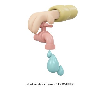 3D Rendering Of Hand Stop Running Water With Water Drop From Tap Isolated On White Background Concept Save The Water Day In March. 3D Render Illustration Minimal Cartoon Style. 