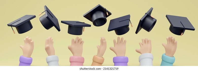 3D Rendering Of Hand Throwing Graduation Hat Concept Of School Graduate. 3D Render Illustration.