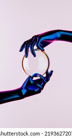 3d Rendering Hands Holding Glass Sphere. People Interaction. Abstract Human Relations Illustration. Creative Background. Neon Metallic Texture. Template With Space For Text