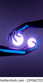 3d Rendering Hands Holding Illuminated Magic Sphere. People Interaction. Abstract Dark Room Scene. Creative Background. Neon Metallic Texture. Template With Space For Text