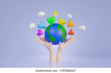 3d rendering Hands holding world with colorful heart, World heart day