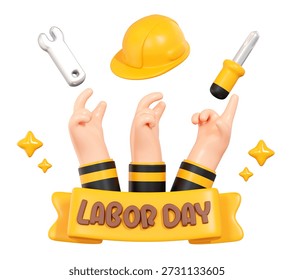 3d rendering of hands raised with construction tools helmet and Labor Day banner. Concept for celebrating international workers day industrial success and professional labor.
