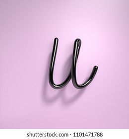 3d Rendering Handwritten Shiny Black Alphabet Isolated On Purple Background. Glossy Bubble Typography With Realistic Reflection. Handmade Calligraphy Lowercase Letter U