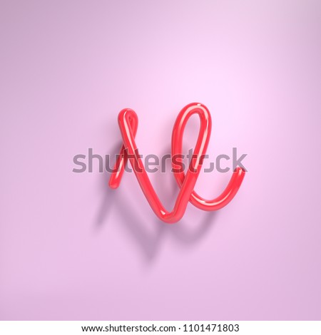 3d rendering handwritten shiny pink alphabet isolated on purple background. Glossy bubble typography with realistic reflection. Handmade calligraphy lowercase letter V