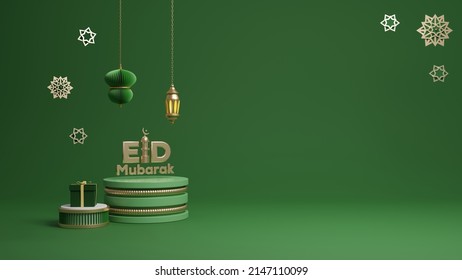 3d Rendering Happy Eid Mubarak Islamic Poster Template. Celebration Post Design On A Green Background.