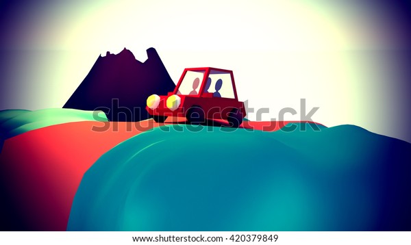 3d rendering happy family driving\
red car on road trip. Beautiful outdoor nature landscape. Winter\
snow covered mountain peaks. Summer vacation\
idea.