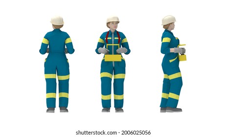 3D Rendering Of A Hard Hat Worker With Protective Clothing Uniform Operating A Crane From Front Side And Back Isolated On White.