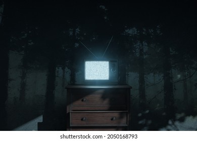 3d Rendering Of A Haunted Room With An Old Television With Bright Static Screen