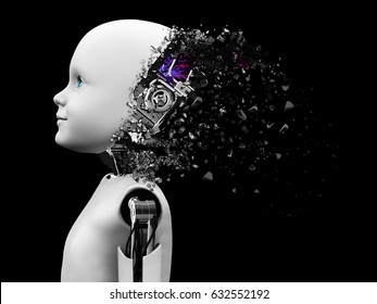 3D-Darstellung des Kopfes eines Kinderroboters. Der Kopf bricht auseinander, als ob er explodiert. Schwarzer Hintergrund.
