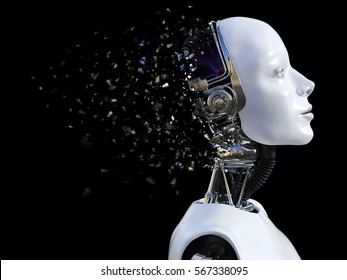 3D rendering of the head of a female robot. The head is breaking apart. Black background.