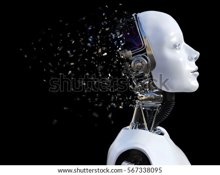 3D rendering of the head of a female robot. The head is breaking apart. Black background.
