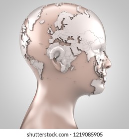 3D Rendering: Head With Projected World Map On Skin 