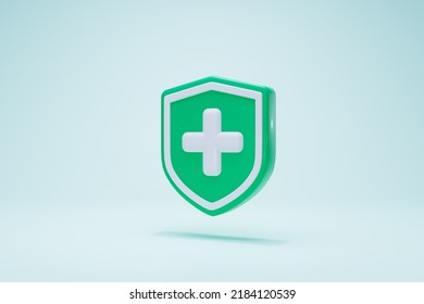 3D Rendering Health Insurance Concept. Medical Guard Shield Icon Symbols Green Color Isolated Side View