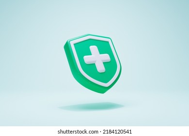 3D Rendering Health Insurance Concept. Medical Guard Shield Icon Symbols Green Color Isolated Perspective View