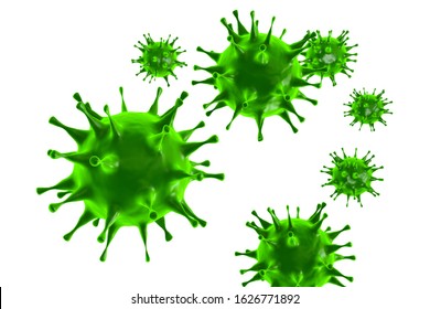 3d rendering of healthcare and medicine Concept. Green Virus or bacteria cells on white background. Close up. Viruses in infected organism, viral disease epidemic. Corona, influenza viruses.
