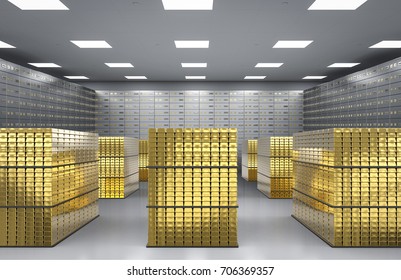 3d rendering heap of gold bullion and safe deposit boxes in room