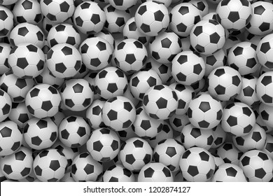 3d Rendering Of A Heap Of Identical Football Balls Lying In Pig Endless Pile Shown From The Top. Gear For Sport. Team Play. Football Training Equipment.