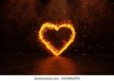 3d rendering of heart frame on fire over grunge floor